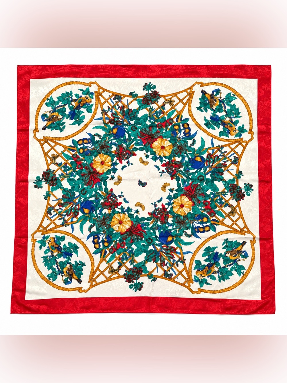 Jacquard Floral Bird Butterfly Scarf Red Green Gold 31.5 x 30